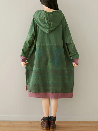 Women Autumn Retro Flower Colorblock Hem Hooded Dress AI1049 BUYKUD
