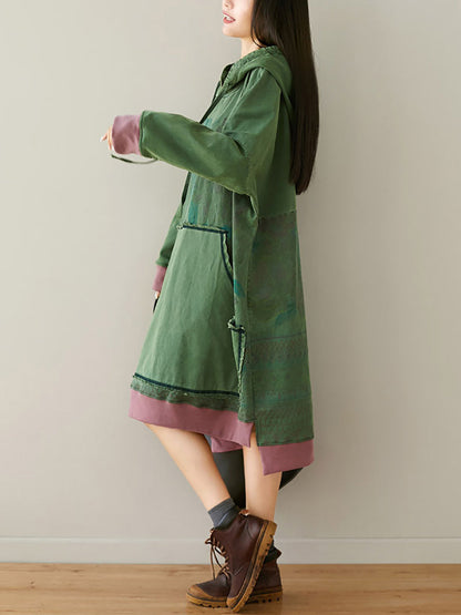 Women Autumn Retro Flower Colorblock Hem Hooded Dress AI1049 BUYKUD