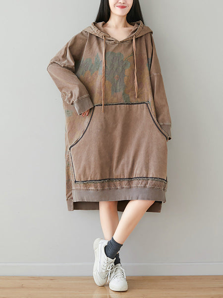 Women Autumn Retro Flower Colorblock Hem Hooded Dress AI1049 BUYKUD