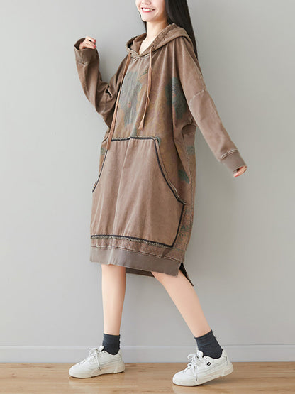 Women Autumn Retro Flower Colorblock Hem Hooded Dress AI1049 BUYKUD