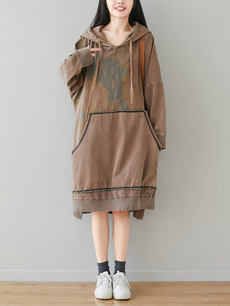 Women Autumn Retro Flower Colorblock Hem Hooded Dress AI1049 BUYKUD