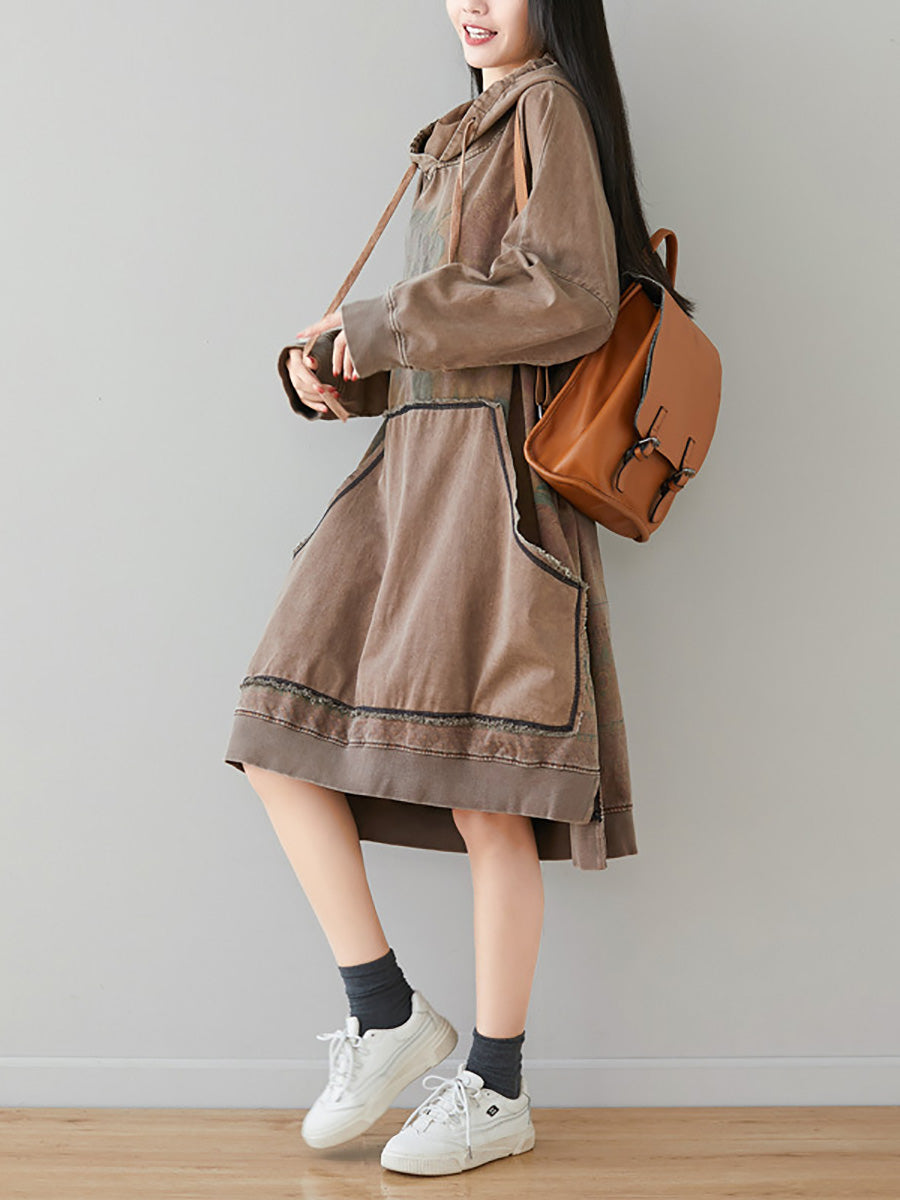 Women Autumn Retro Flower Colorblock Hem Hooded Dress AI1049 BUYKUD