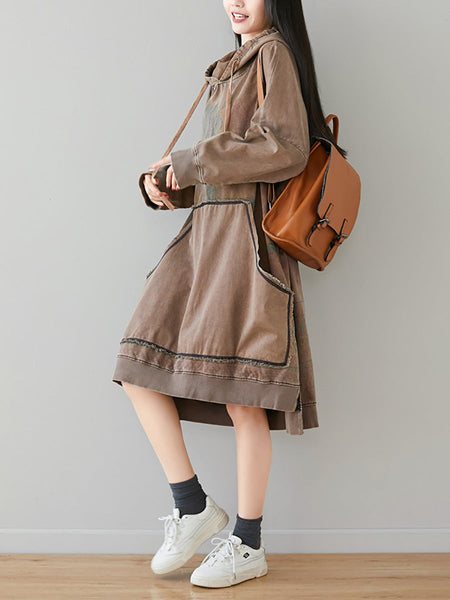 Women Autumn Retro Flower Colorblock Hem Hooded Dress AI1049 BUYKUD