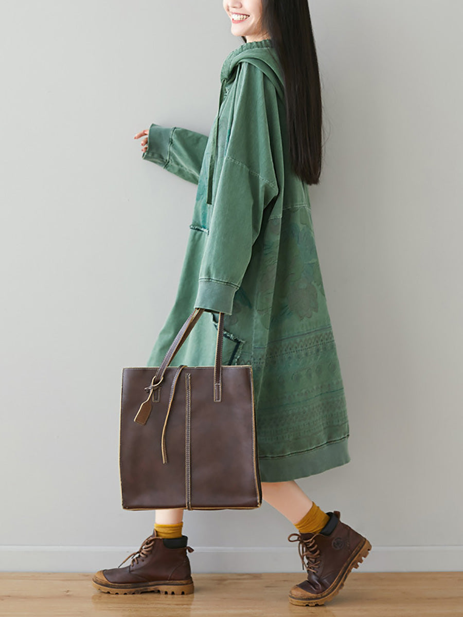 Women Autumn Retro Flower Colorblock Hem Hooded Dress AI1049 BUYKUD