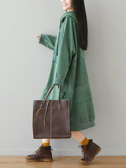 Women Autumn Retro Flower Colorblock Hem Hooded Dress AI1049 BUYKUD