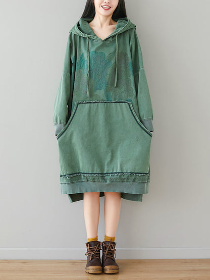 Women Autumn Retro Flower Colorblock Hem Hooded Dress AI1049 BUYKUD