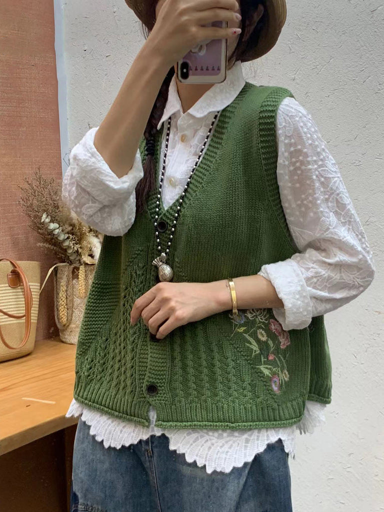 Women Autumn Artsy Flower Embroidery Knit V-Neck Vest AI1073 BUYKUD