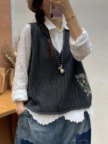 Women Autumn Artsy Flower Embroidery Knit V-Neck Vest AI1073 BUYKUD