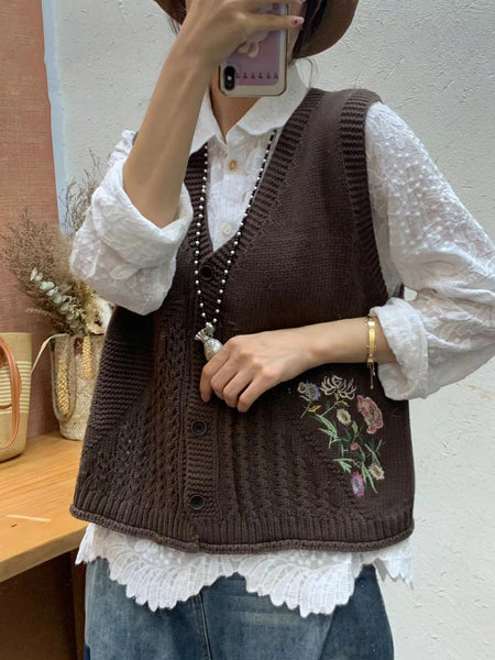 Women Autumn Artsy Flower Embroidery Knit V-Neck Vest AI1073 BUYKUD