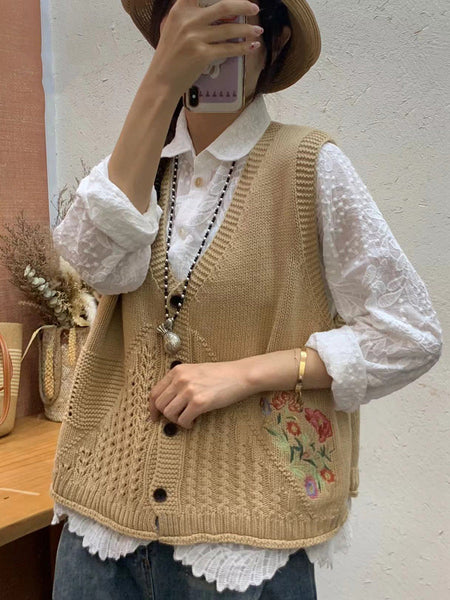 Women Autumn Artsy Flower Embroidery Knit V-Neck Vest AI1073 BUYKUD