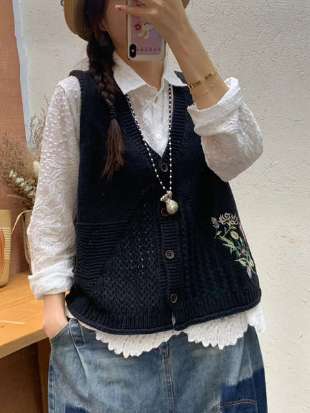 Women Autumn Artsy Flower Embroidery Knit V-Neck Vest AI1073 BUYKUD