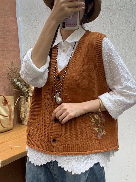 Women Autumn Artsy Flower Embroidery Knit V-Neck Vest AI1073 BUYKUD