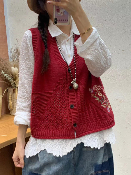 Women Autumn Artsy Flower Embroidery Knit V-Neck Vest AI1073 BUYKUD