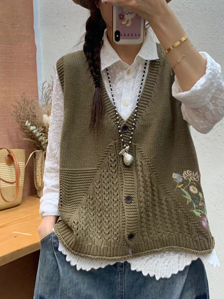 Women Autumn Artsy Flower Embroidery Knit V-Neck Vest AI1073 BUYKUD