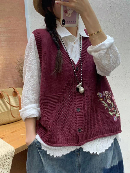 Women Autumn Artsy Flower Embroidery Knit V-Neck Vest AI1073 BUYKUD