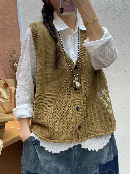 Women Autumn Artsy Flower Embroidery Knit V-Neck Vest AI1073 BUYKUD