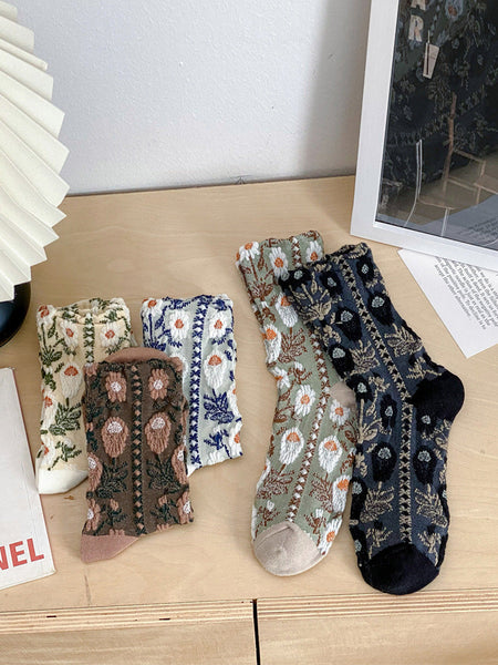 5 Pairs Women Artsy Flower Jacquard Cotton Socks AI1084 BUYKUD