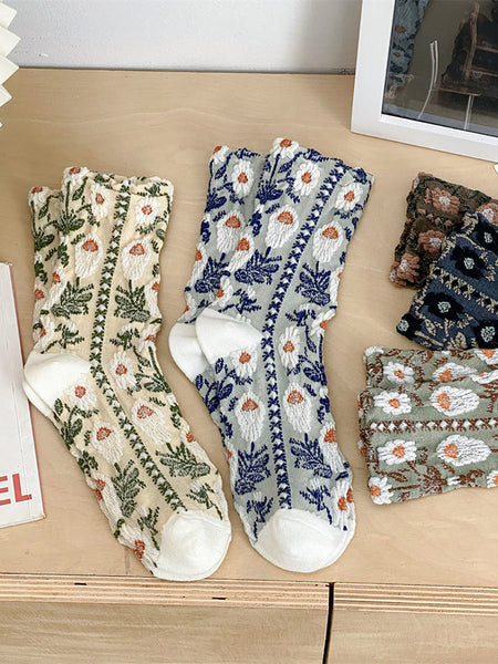 5 Pairs Women Artsy Flower Jacquard Cotton Socks AI1084 BUYKUD