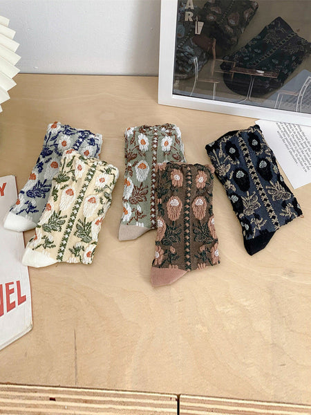 5 Pairs Women Artsy Flower Jacquard Cotton Socks AI1084 BUYKUD