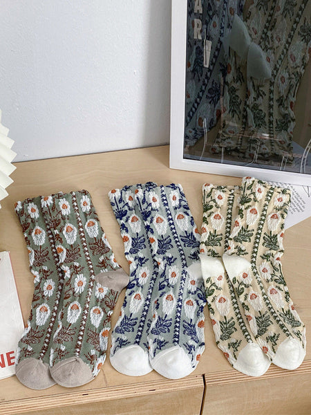 5 Pairs Women Artsy Flower Jacquard Cotton Socks AI1084 BUYKUD