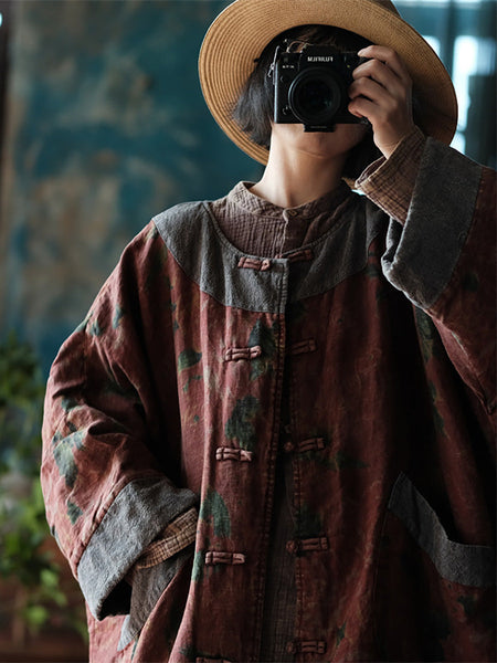 Women Autumn Ethnic Flower Colorblock Linen Robe Coat AI1060 JSHY