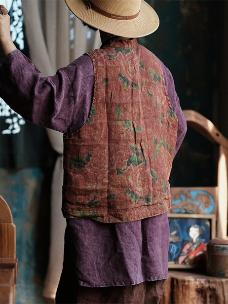 Women Ethnic Flower Irregular Hem Linen Vest AI1016 BUYKUD