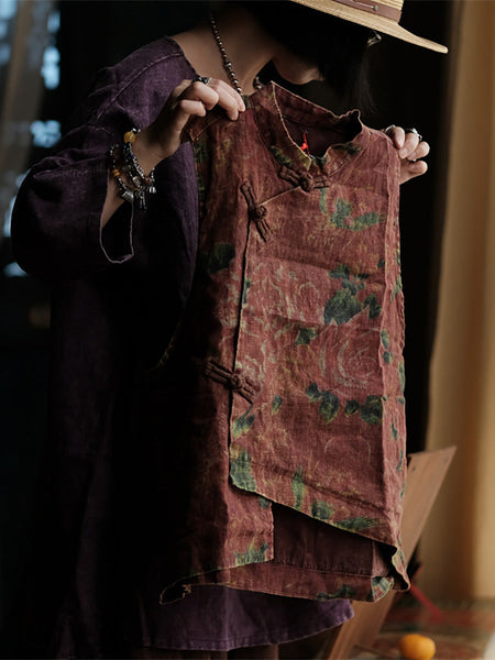 Women Ethnic Flower Irregular Hem Linen Vest AI1016 BUYKUD