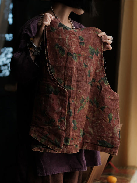 Women Ethnic Flower Irregular Hem Linen Vest AI1016 BUYKUD