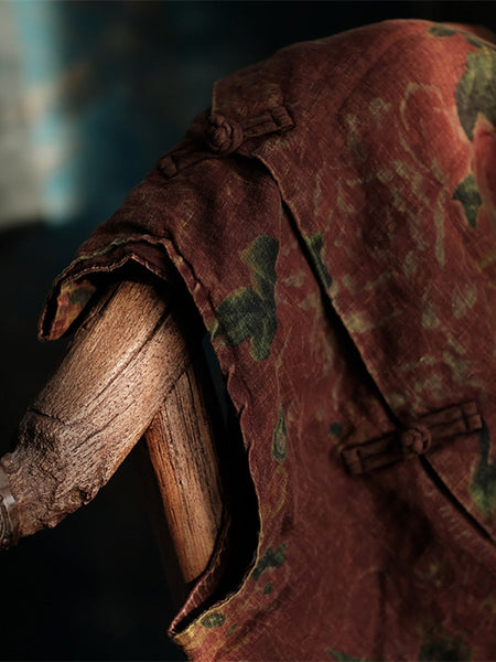 Women Ethnic Flower Irregular Hem Linen Vest AI1016 BUYKUD