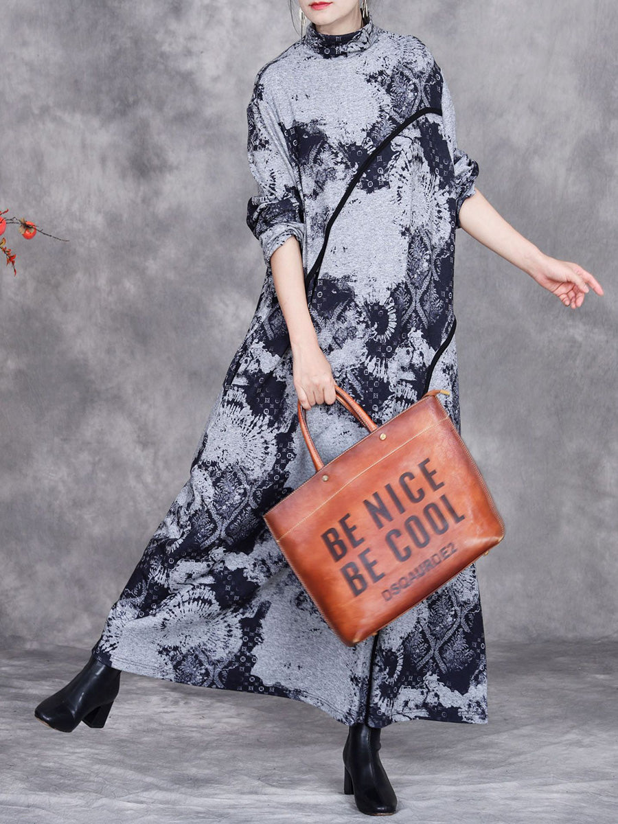 Women Autumn Print Half-Turtleneck Spliced Cashmere Dress AI1050 BUYKUD
