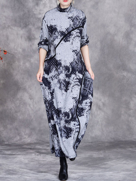 Women Autumn Print Half-Turtleneck Spliced Cashmere Dress AI1050 BUYKUD