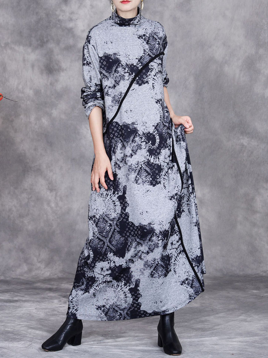 Women Autumn Print Half-Turtleneck Spliced Cashmere Dress AI1050 BUYKUD