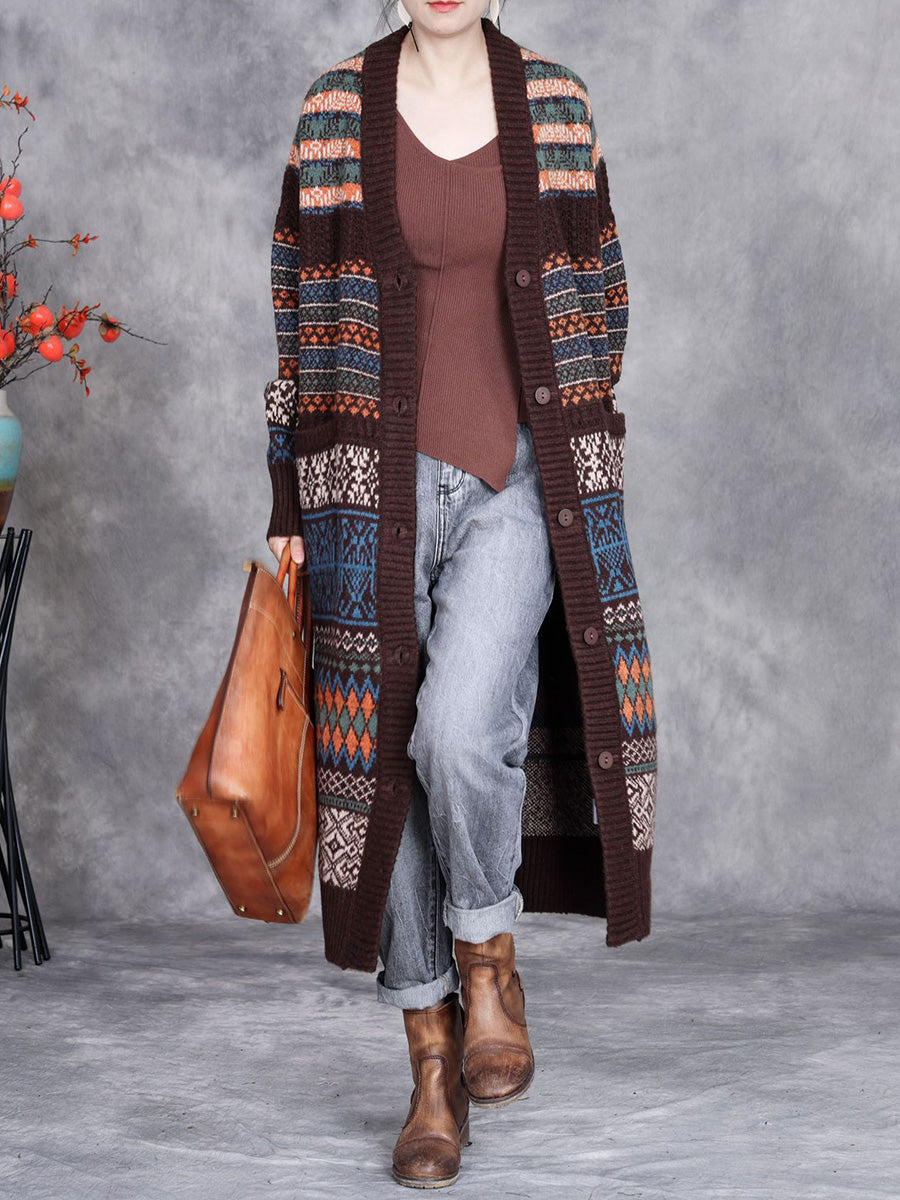 Women Vintage Autumn Stripe Button Wool Cardigan Coat AI1003 BUYKUD