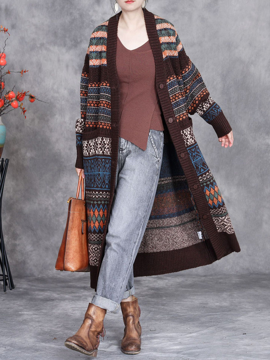 Women Vintage Autumn Stripe Button Wool Cardigan Coat AI1003 BUYKUD