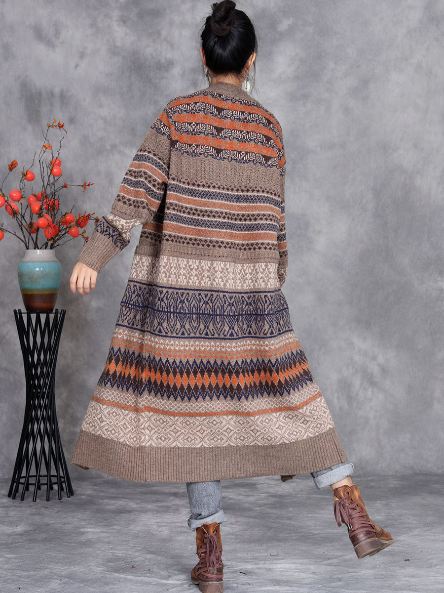 Women Vintage Autumn Stripe Button Wool Cardigan Coat AI1003 BUYKUD