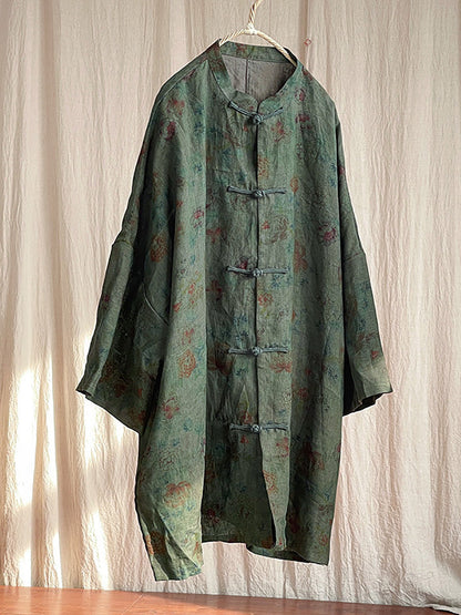 Women Vintage Floral Button Stand Collar Linen Shirt Coat AT1087 YCGS