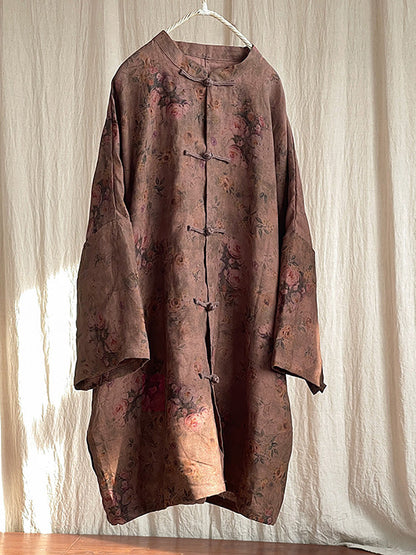 Women Vintage Floral Button Stand Collar Linen Shirt Coat AT1087 YCGS