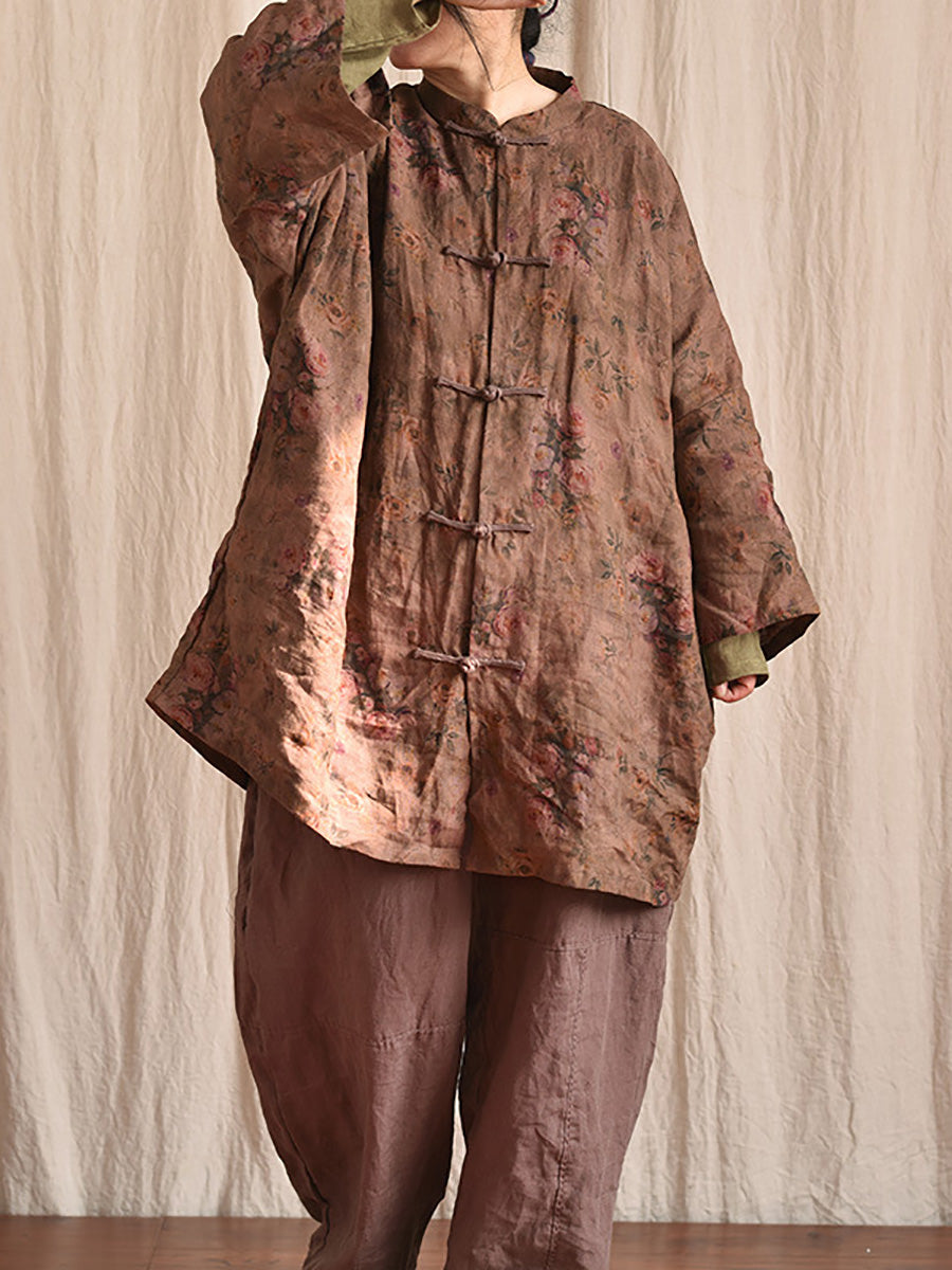 Women Vintage Floral Button Stand Collar Linen Shirt Coat AT1087 YCGS