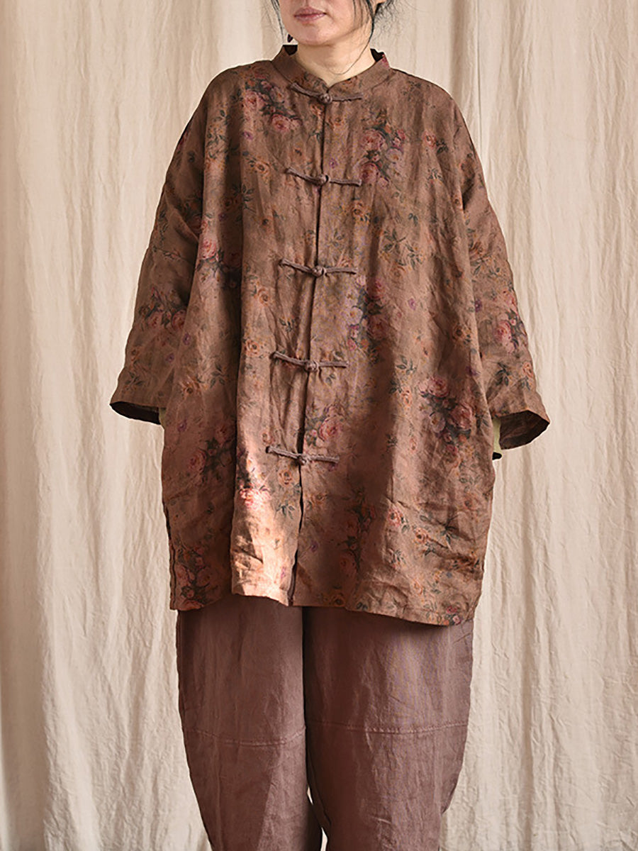 Women Vintage Floral Button Stand Collar Linen Shirt Coat AT1087 YCGS