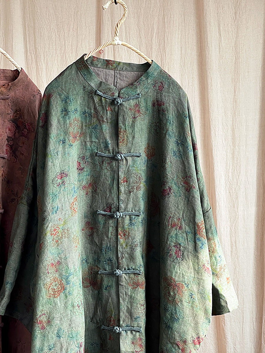 Women Vintage Floral Button Stand Collar Linen Shirt Coat AT1087 YCGS