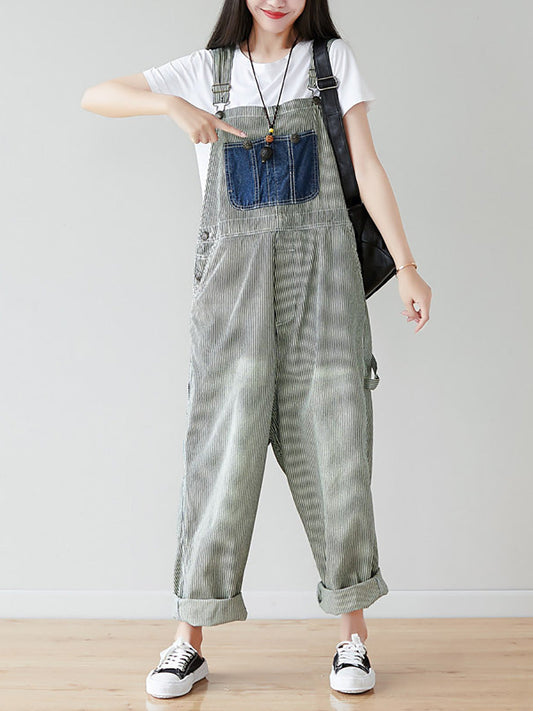 Women Artsy Stripe Patch Spliced Denim Loose Jumpsuits AI1079 BUYKUD