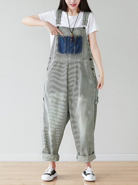 Women Artsy Stripe Patch Spliced Denim Loose Jumpsuits AI1079 BUYKUD