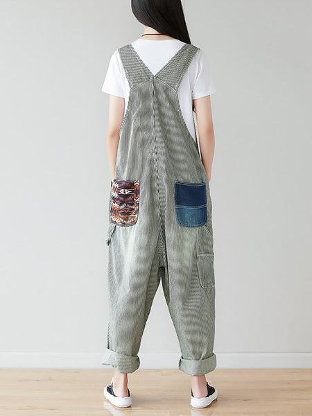 Women Artsy Stripe Patch Spliced Denim Loose Jumpsuits AI1079 BUYKUD
