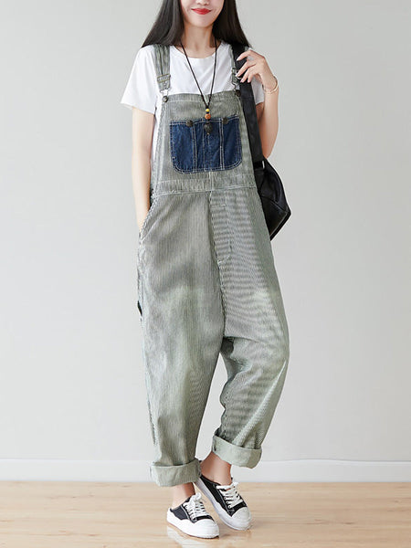 Women Artsy Stripe Patch Spliced Denim Loose Jumpsuits AI1079 BUYKUD