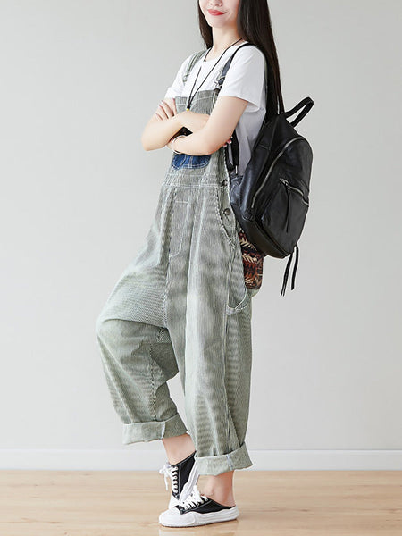 Women Artsy Stripe Patch Spliced Denim Loose Jumpsuits AI1079 BUYKUD