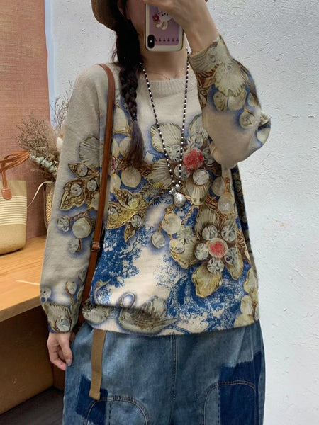 Women Autumn Print O-Neck Knit Sweater AT1083 BUYKUD