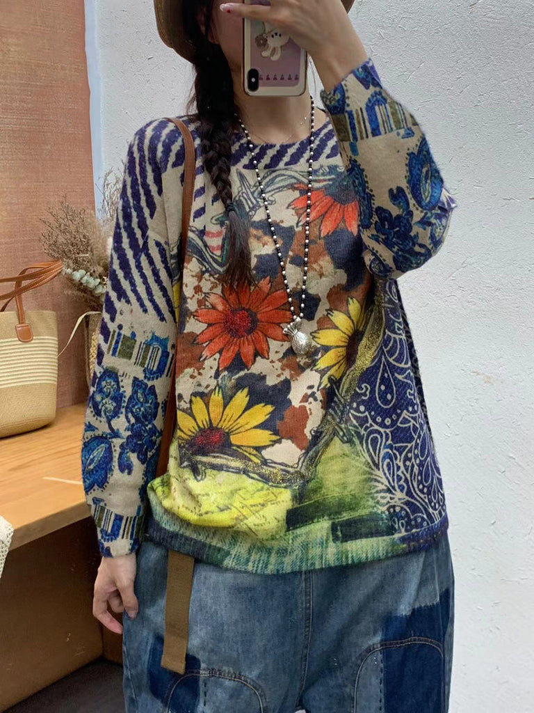 Women Autumn Print O-Neck Knit Sweater AT1083 BUYKUD