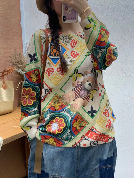 Women Autumn Print O-Neck Knit Sweater AT1083 BUYKUD