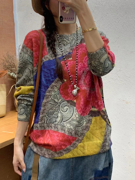 Women Autumn Print O-Neck Knit Sweater AT1083 BUYKUD