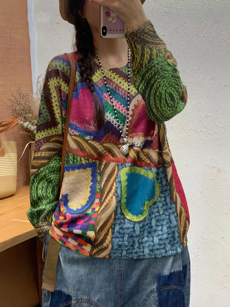 Women Autumn Print O-Neck Knit Sweater AT1083 BUYKUD